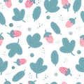 Natural pattern with strawberries, leaves and berries, blue leaves, hand draw style